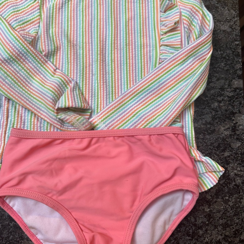 Ruffle Butts Striped Long Sleeve Swimsuit Set 3T